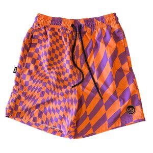 Neff Mens Orange & Purple Checkered Swim Trunks Medium Geometric